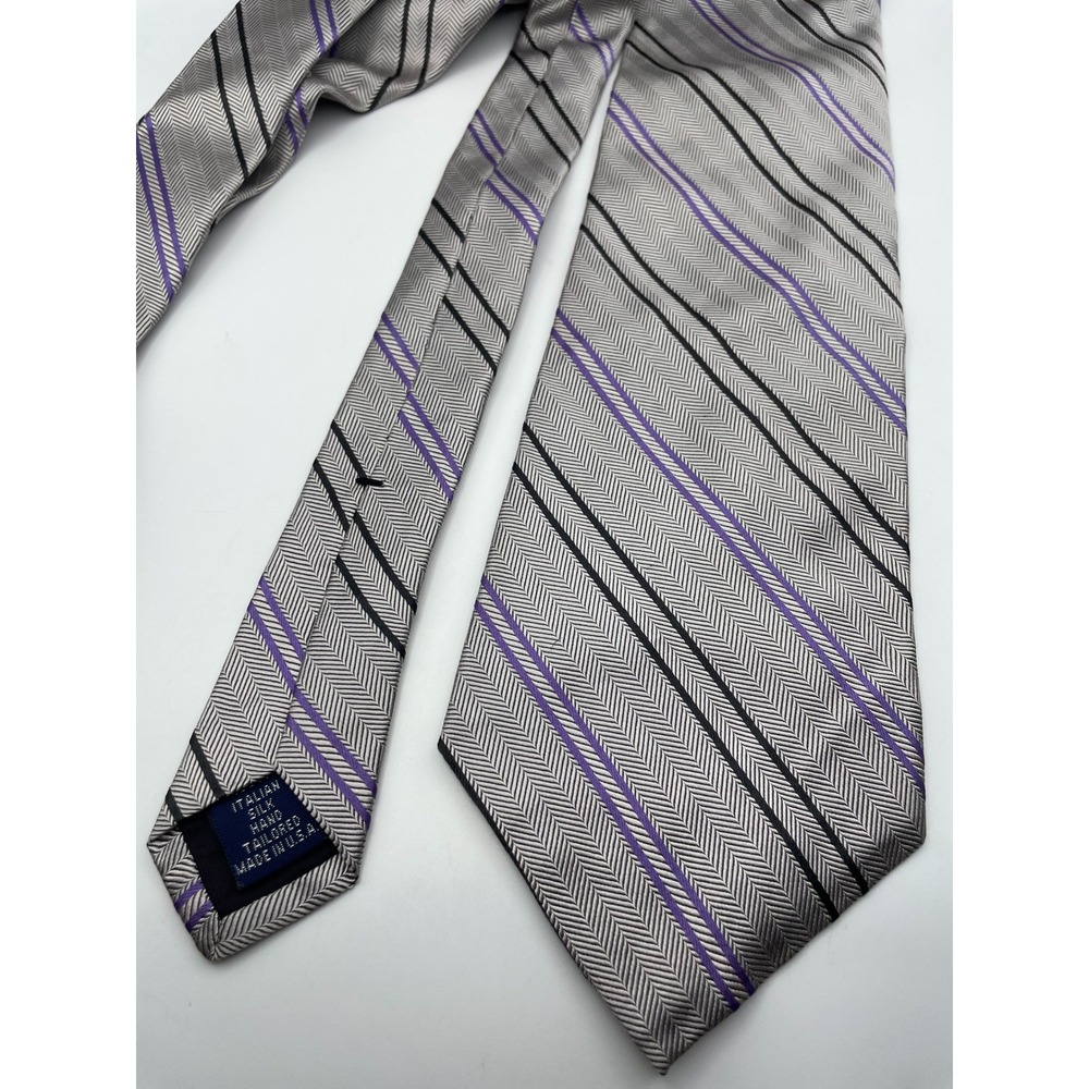 Paul Fredrick Mens Silver Purple Striped Herringbone 100% Italian Silk Tie USA